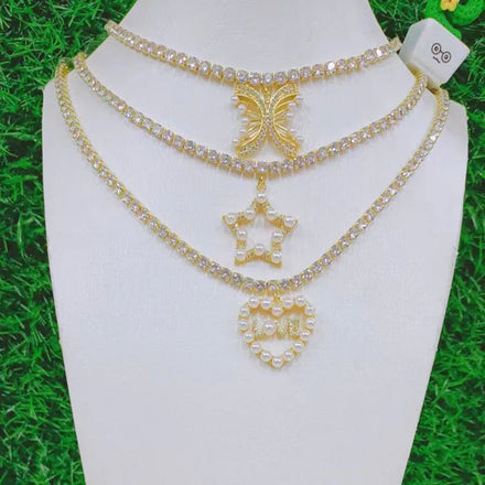 NZ1401 Chunky 18k Gold Plated CZ Micro Pave Pearl Outline Butterfly Star Love Heart Pendant Tennis Chain Necklace