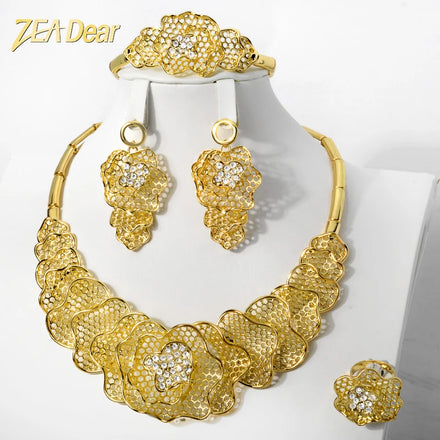 Fashion Luxury Dubai Jewelry Set Cubic Zirconia Flower Gold Bridal Jewelry Sets