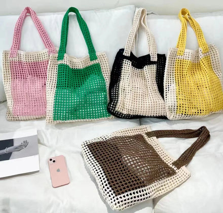 Vintage Crochet Fashion Designer Shoulder Bags Washable Handbag Summer Polyester Knitting Bag Portable Hollow Yarn Two Straps