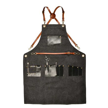 Thickened Canvas Apron With Leather Pockets Crossed Shoulder Straps Milk Tea Shop Hairdresser With Multiple Pockets