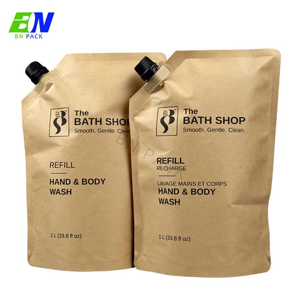 Eco-Friendly Classic Kraft Paper Packaging Beverage Pouch and Craft Bag for Shampoo Skin Care Hand Soap (500ml 1L 2L)