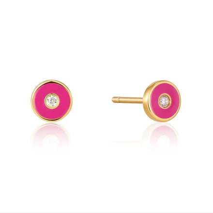 Factory Wholesale Cute Gold Plated 925 Sterling Silver Pink Enamel Disc Single Diamond Stud Earrings for Girl