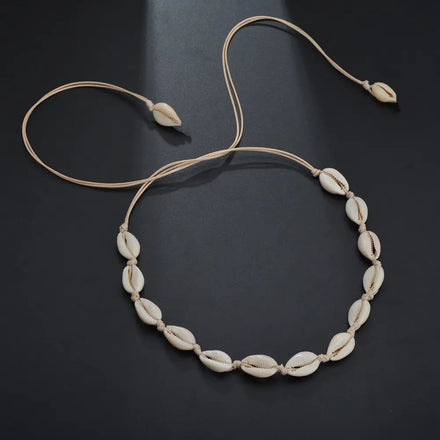 Hawaii Summer Beach Jewelry White Woven Rope Chain Sea Cowrie Shell Necklace Natural Puka Shell Necklace for Women