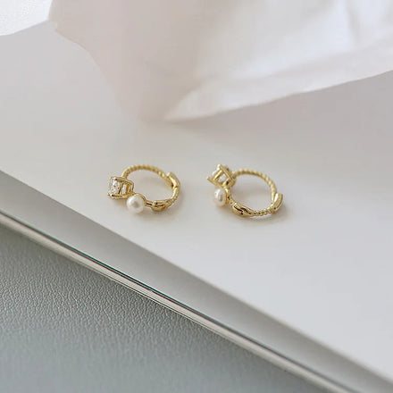 Simple Real Gold Plated Pure 925 Sterling Silver Zircon Crystal Pearl Small Hoop Earrings for Women Girls