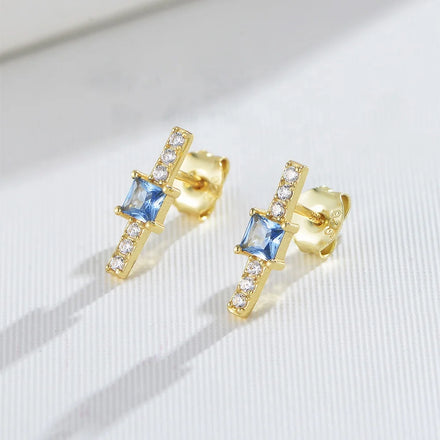 Minimalist Fashion Personalized S925 Sterling Silver Jewelry 14K Gold Plated Center Blue Square Zircon Bar Stud Earrings for Lad