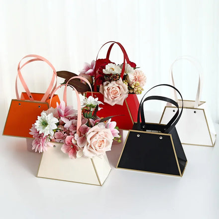 Custom Design Ivory Board Foldable Flower Trapezoidal Portable Carrying Box Flexo Printing Lamination Craft Recyclable Handle