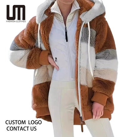 Liu Ming Fashion Winter Women Warm Outdoor Oversized Hoodie Faux Fur Fluffy Zipper Fleece Jacket Plus Size Coat
