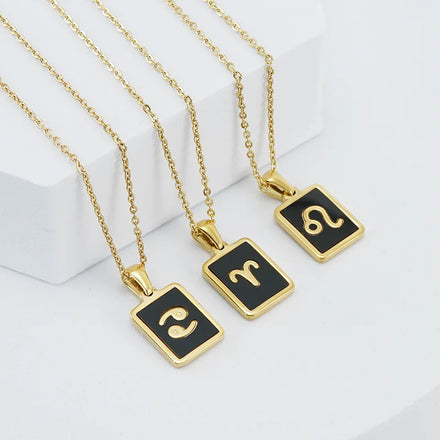 Waterproof Non Tarnish Jewelry 18K Gold Stainless Steel Square Black 12 Zodiac Sign Pendant Necklaces for Gift