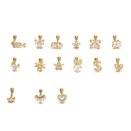 ZUOLA Luxury Piercing Titanium 18K Gold Plated Shiny CZ Heart Star Design Screw Back Stud Ear Cartilage Earring Daily Wear