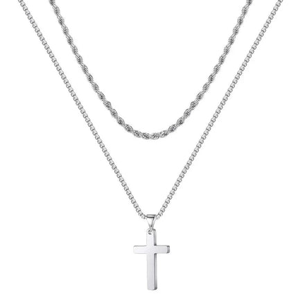 Fashion Jewelry Gold Plated Silver Black Stainless Steel Layered Rope Chain Cross Pendant Necklace for Men Boys Party 16-24 Inch