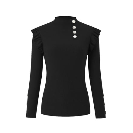 Spring New Arrival Europe Hot Sale Long Sleeve Tops Slim Button Ruffles Decor Solid Color Patchwork Women Blouse