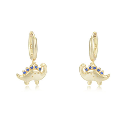INS Hot Sale CZ Dinosaur Dangle S925 Sterling Silver Women Girls Cute Animal Spinel Blue Hoop Drop Earrings Jewelry