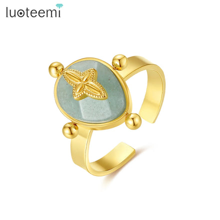 SP-LAM Green Natural Stone Promise Engagement Woman Adjustable Stainless Steel Jewelry European Crystal Jade Ring