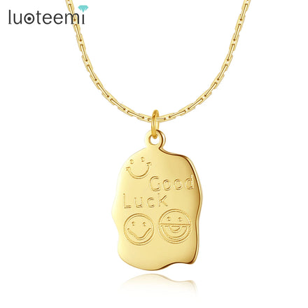 SP-LAM Stainless Steel Geometric Engraved Smile Happy Face Good Luck Pendant Necklaces-For-Lady