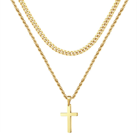 Trendy Gold Plated Stainless Steel Layered Figaro Twist Rope Chain Christian Cross Pendant Choke Necklace for Unisex Party