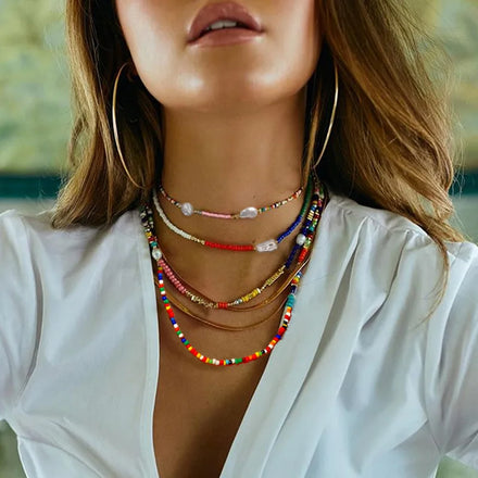 Bohemia Style Handmade Multilayer Rice Beads Necklace Baroque & Artificial Pearl Ethnic Choker for Women Girls for Parties Gifts