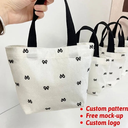 Wholesale Custom Logo Printed Bow Pattern Custom Printed Plain Reusable Small Mini Shopping Canvas Tote Bag with Sturdy Handles