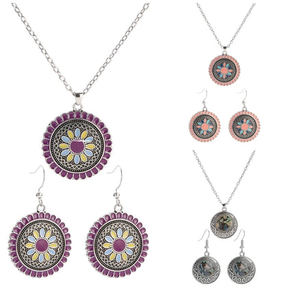 Bohemian Colorful Flowers Religious Tibetan Buddhism Huggie Earrings Necklaces Set Unisex Alloy Anniversary Jewelry Gift