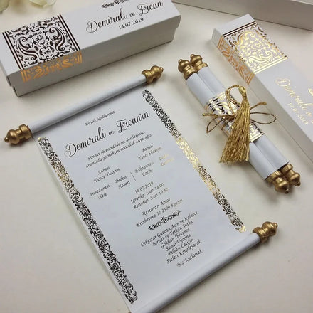 Customize Low Moq Scroll Wedding Invitation Card with Box & Tassel Unique Rolling Wedding Invitation Cards with Customized Text