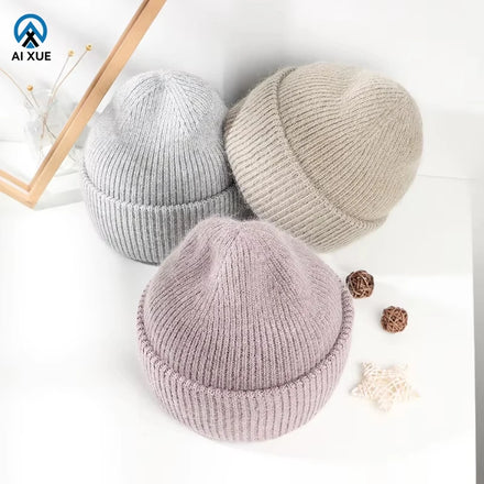 Custom Hot High Quality Angora Rabbit Fur Beanie Hat Double Thick Fluffy Warm Casual Ski Sports Hat for Men Women Made of Cotton