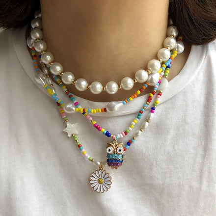 Korean Style Ins Gemstone Owl Enamel Flower Pendant Necklace Young Girls Female Choker Star Shell Baroque Parties Weddings Gifts