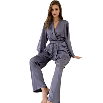 Wholesale Spring and Autumn Stain Sleepwear Set with Long Sleeves and Pants Women's 2pcs Set Pajamas Set