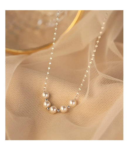 Five Pearl Rhodium Plated Water-wave Chain Dainty Minimalist Pendant Necklace for Women 925 Sterling Silver