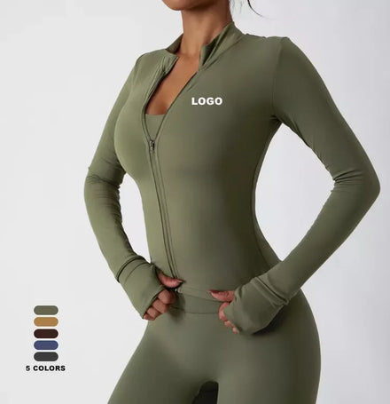 Women Custom Logo Fashion Fitness Ribbed Biker Gym Fitness Sets Long Sleeve Recycled Nylon Fitness Sports Jackets
