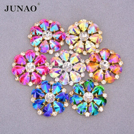 JUNAO 37mm Top Quality Rhinestone With Gold Claw Rose AB Flatback Glass Rhinestones Stones Sewing on Clothing