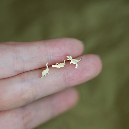 Cute Funny Pure 925 Sterling Silver Brachiosaurus Dinosaurs & T-Rex Crocodile Stud Earrings Gold Plated for Women Girls Weddings