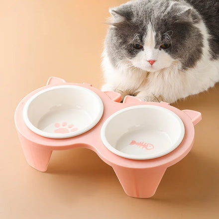 Luxury Tilted Cat Feeding Double Bowl Anti Ant Elevated Adjustable Kitty City Raised Food Pet Ceramic Cat Bowl