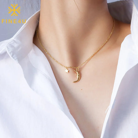 Fashion Jewelry Pendentif Collier Lune Stainless Steel 18K Gold Plated Crescent Moon and Star Necklace