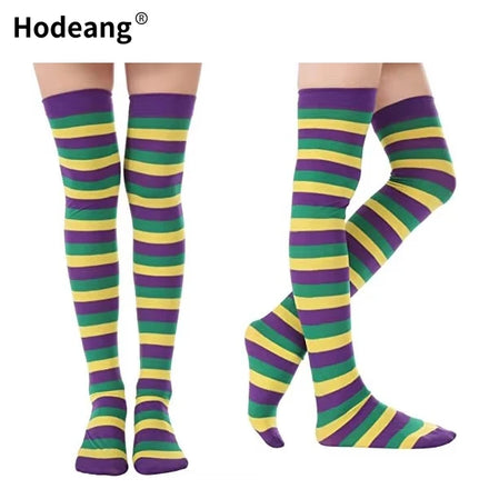 Fashion Thin Long Costume Socks Mardi Gras Women Over Knee Thigh High Striped Stockings