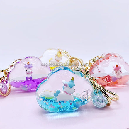 Cartoon unicorn Oil Floating Quicksand Small Cloud Kids Liquid Keychain Female Cute Fashion Mini Car Key Chain Bag Pendant