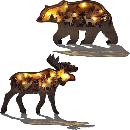 3d Wooden Animal Deer Statues Figurine Decor Carving Wall Art Decor Sculpture for Wall Lighted DIY LED Shelf Decorations