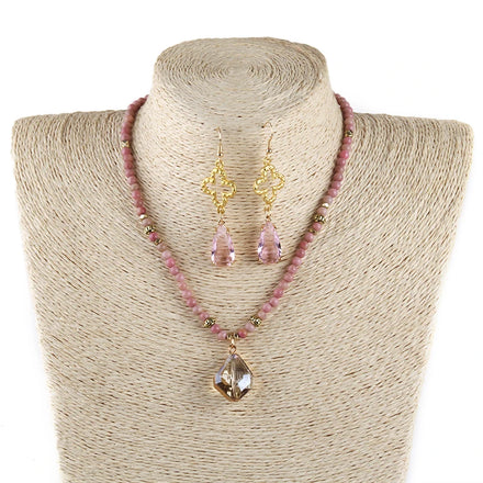 Fashion Beautiful 4mm Pink Natural Stone Rhombic Pendant Necklace Pierced Alloy Cross Crystal Drop Pendant Earring Jewelry Set