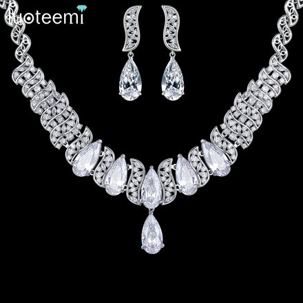 LUOTEEMI Cubic Zirconia Fashion Earring Big Woman Wedding Exaggerated Stone Necklace Bridal Jewelry Set