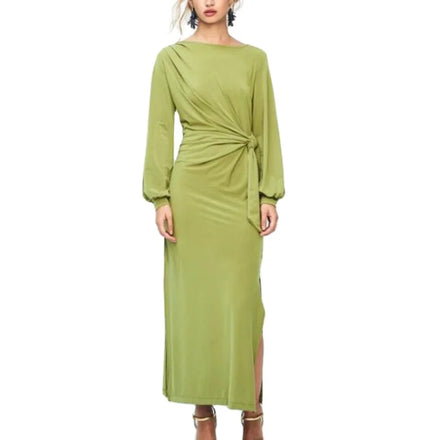 Custom Logo High Waist Elegant Casual O-neck Plain Long Sleeve Dresses Women Evening Side Slit Party Lady Dress