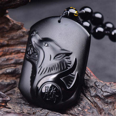 Chinese Vintage Natural Obsidian Pendant Amulet Hand Carved Lucky Necklace Jewelry Gift