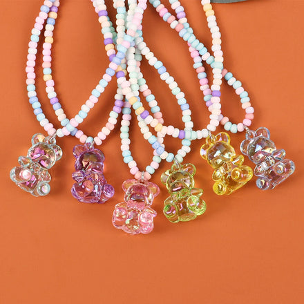 Korean Cute Colorful clear Juice Bear Pendant Summer Simple Rice Beads Casual Jewelry Sweet Girl Candy Bear Acrylic Necklace