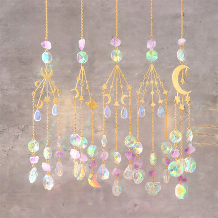 Gold Star Moon Wind Chime Natural Rough Raw Stone Quartz Crystal Amethyst Sun Catcher Crystal Crafts for Home Window Decor