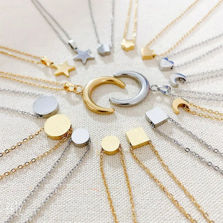 SC Wholesale 14 Types Classic Non Tarnish Stainless Steel Disc Square Block Star Moon Flower Heart Pendant Necklace for Women