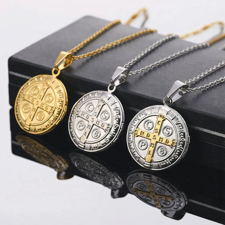 Religious San Benito Cross Medal Necklace Stainless Steel Saint Benedict