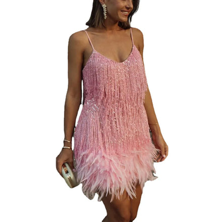 Women's Elegant Evening Sexy Mini Dress Tassel Sequins Feather Eco-Friendly Spaghetti Straps Fashionable Female Spaghetti