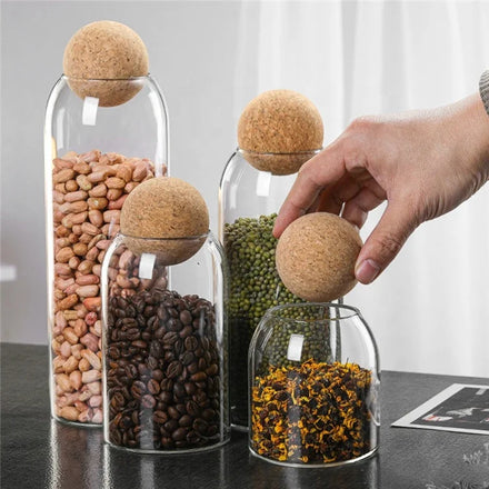 Glass Storage Jar Round Ball Cork High Borosilicate Storage Jar & Coffee Bean Set- 500/800/1000ml/1300ml