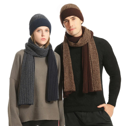 2025 New Winter Solid Three Piece Set European Fashion Warm Stylish Men Women's Long Wool Knit Acrylic Hood Hat Scarf Glove