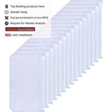 A6 6-Holes Waterproof Clear Zipper PVC Binder Pockets As Binder Envelope Pouches for A6 Notebook Binder