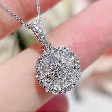 Huitan Dainty Silver Color Pendant Wedding Jewelry Women Micro Insert Zircon Crystal Flower Paved Diamond Pendant Necklace