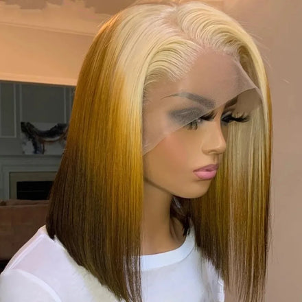 Hot 12A Grade Ombre 3 Tone Yellow Color Short Bob Wig European Human Hair HD Swiss Lace Front Wigs