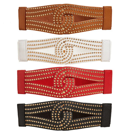 Fashion Women's PU Leather Wide Waist Belt Rivets Stretch Cinch Waistband